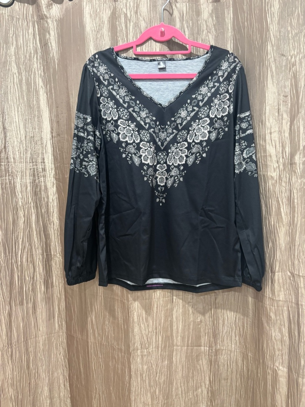 Black Long Sleeve V-Neck Top with Ivory Floral Yoke